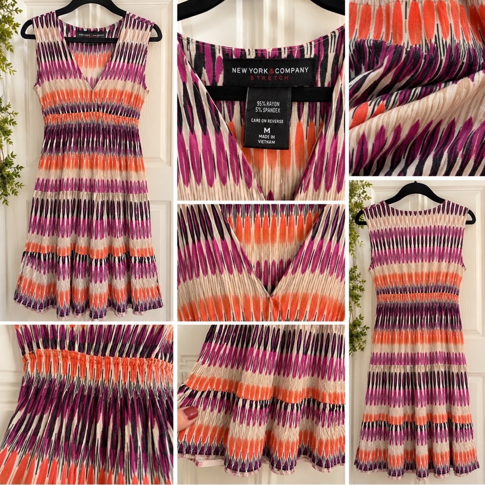 New York & Company V-Neck Tiered Midi Dress in Purple, Orange & Cream